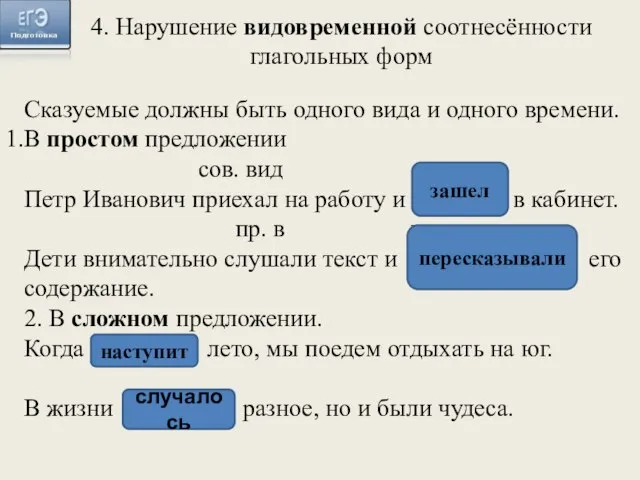 4. Нарушение видовременной соотнесённости глагольных форм Сказуемые должны быть одного вида и