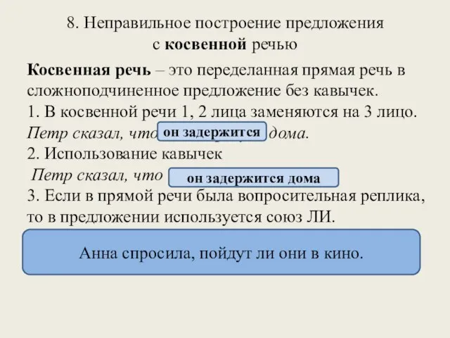 8. Неправильное построение предложения с косвенной речью Косвенная речь – это переделанная