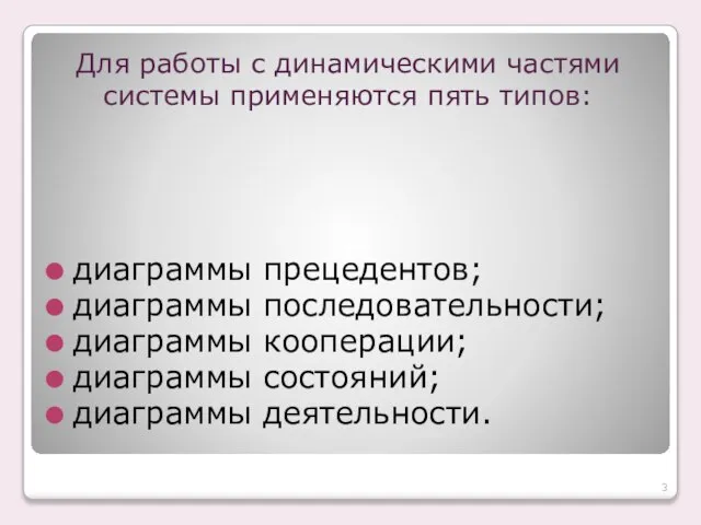 Для работы с динамическими частями системы применяются пять типов: диаграммы прецедентов; диаграммы