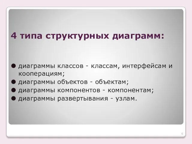 4 типа структурных диаграмм: диаграммы классов - классам, интерфейсам и кооперациям; диаграммы