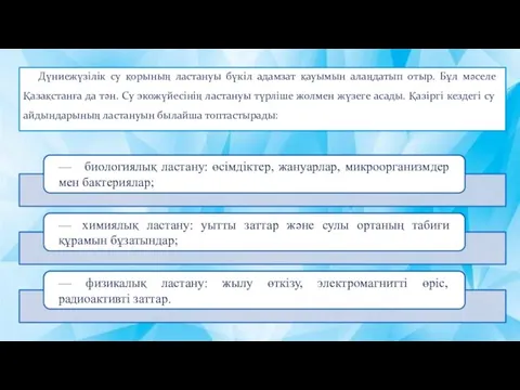 Дүниежүзілік су қорының ластануы бүкіл адамзат қауымын алаңдатып отыр. Бұл мәселе Қазақстанға