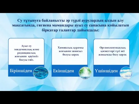 Ауыз су эпидемиялық және радиациялық жағынан қауіпсіз болуы тиіс. Химиялық қурамы жағынан