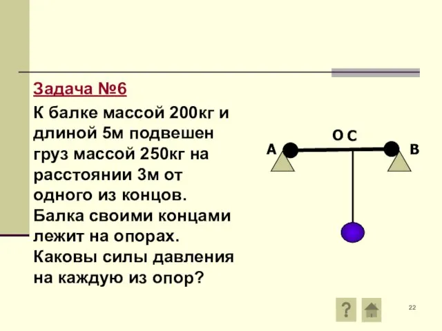 Задача №6 К балке массой 200кг и длиной 5м подвешен груз массой