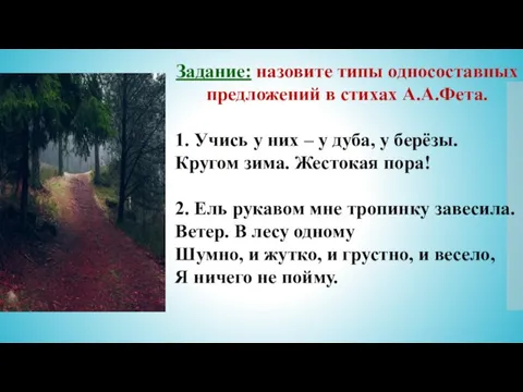 Задание: назовите типы односоставных предложений в стихах А.А.Фета. 1. Учись у них