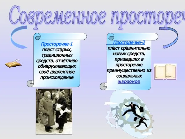 Современное просторечие Просторечие-1 пласт старых, традиционных средств, отчётливо обнаруживающих своё диалектное происхождение