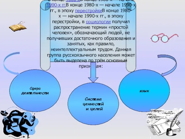 Сфера деятельности язык Система ценностей и целей В конце 1980-хВ конце 1980-х