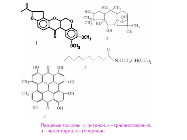 Пищевые токсины: 1- ротенон, 2 – грайанотоксин III, 3 – пеллиторин, 4 – гиперицин