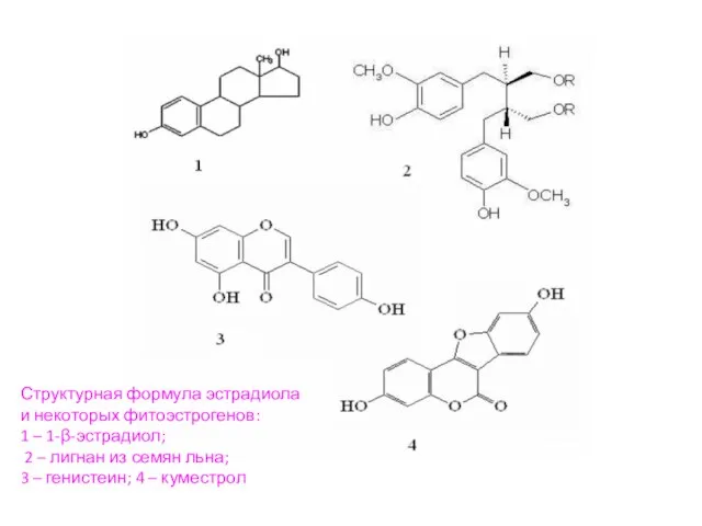 Структурная формула эстрадиола и некоторых фитоэстрогенов: 1 – 1-β-эстрадиол; 2 – лигнан
