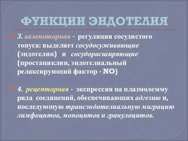 ФУНКЦИИ ЭНДОТЕЛИЯ 3. вазомоторная - регуляция сосудистого тонуса: выделяет сосудосуживающие (эндотелин) и