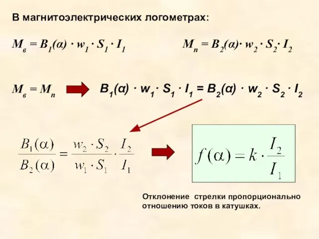 В магнитоэлектрических логометрах: Mв = B1(α) · w1 · S1 · I1