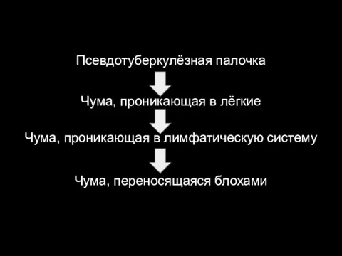 Псевдотуберкулёзная палочка Чума, проникающая в лёгкие Чума, проникающая в лимфатическую систему Чума, переносящаяся блохами