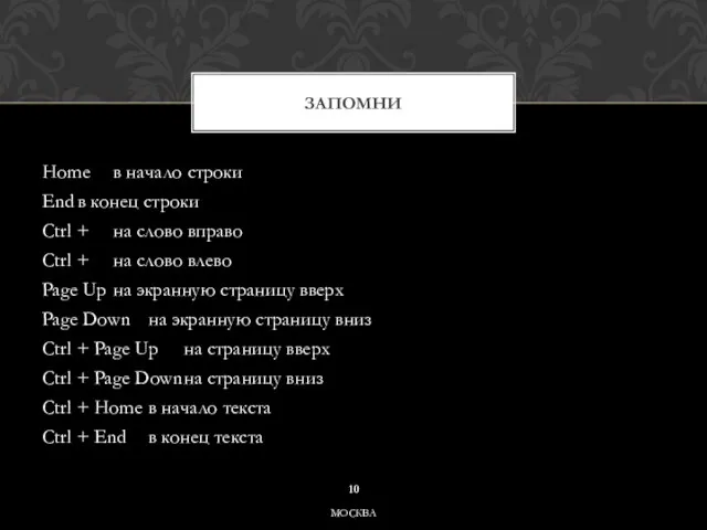 Home в начало строки End в конец строки Ctrl + ? на