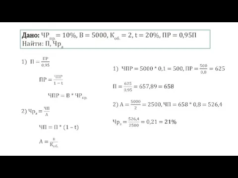 Дано: ЧРпр.= 10%, В = 5000, Коб. = 2, t = 20%,