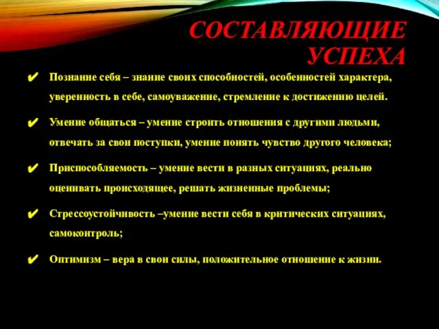 СОСТАВЛЯЮЩИЕ УСПЕХА Познание себя – знание своих способностей, особенностей характера, уверенность в