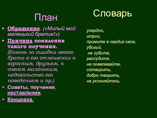 Словарь Обращение. («Милый мой маленький братик!») Причина появления такого поучения. (Боязнь за