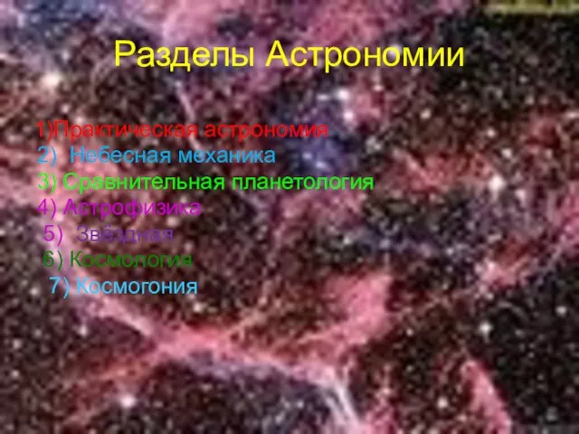 1)Практическая астрономия 2) Небесная механика 3) Сравнительная планетология 4) Астрофизика 5) Звёздная