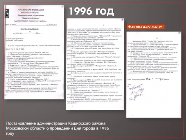 Постановление администрации Каширского района Московской области о проведении Дня города в 1996