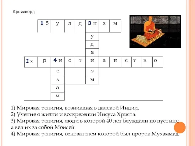 Кроссворд 1) Мировая религия, возникшая в далекой Индии. 2) Учение о жизни