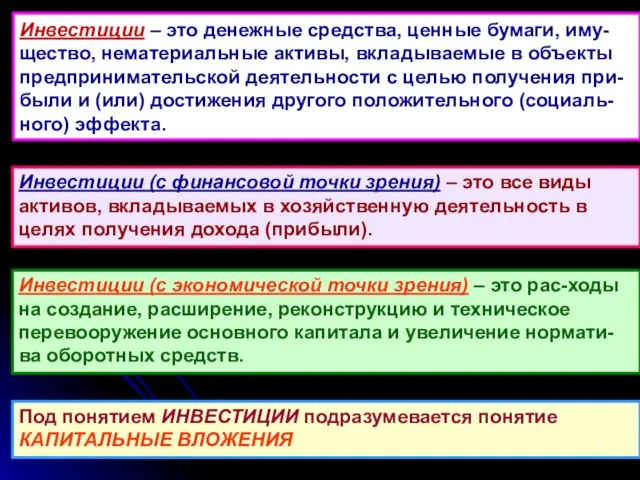 Инвестиции – это денежные средства, ценные бумаги, иму-щество, нематериальные активы, вкладываемые в