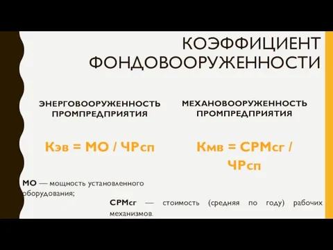 КОЭФФИЦИЕНТ ФОНДОВООРУЖЕННОСТИ ЭНЕРГОВООРУЖЕННОСТЬ ПРОМПРЕДПРИЯТИЯ Кэв = МО / ЧРсп МЕХАНОВООРУЖЕННОСТЬ ПРОМПРЕДПРИЯТИЯ Кмв