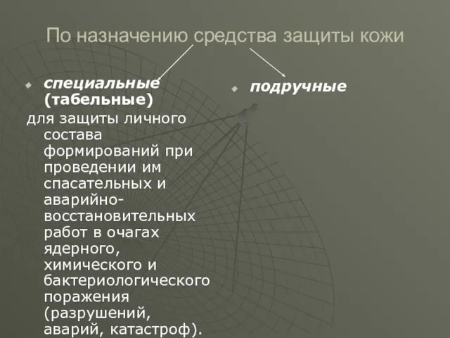 По назначению средства защиты кожи специальные (табельные) для защиты личного состава формирований