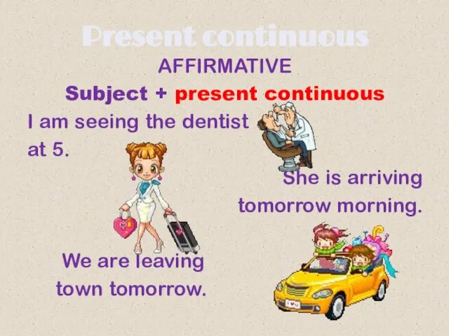 Present continuous AFFIRMATIVE Subject + present continuous I am seeing the dentist