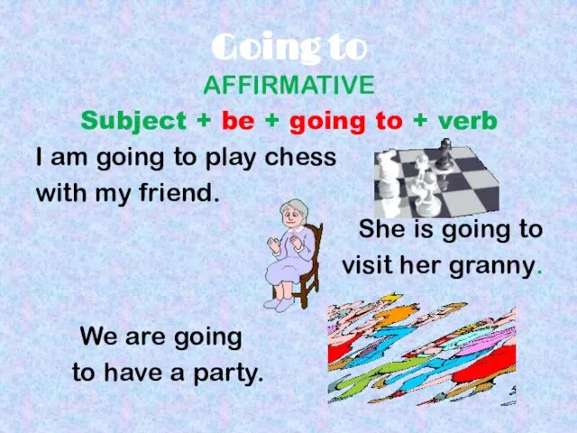 Going to AFFIRMATIVE Subject + be + going to + verb I