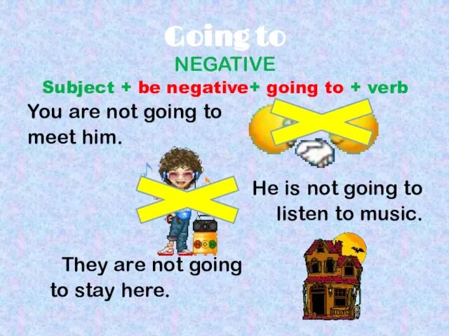 Going to NEGATIVE Subject + be negative+ going to + verb You