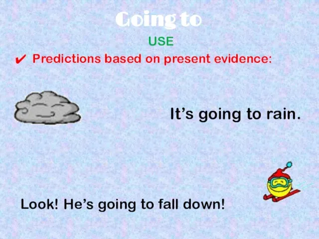 Going to USE Predictions based on present evidence: It’s going to rain.