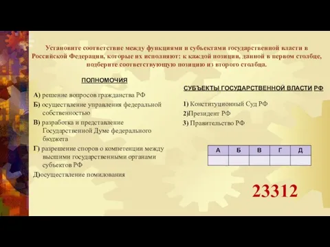 Установите соответствие между функциями и субъектами государственной власти в Российской Федерации, которые
