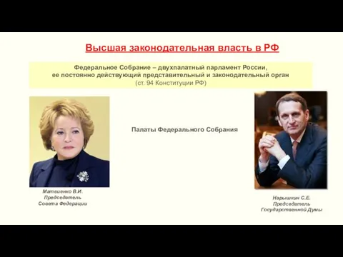 Высшая законодательная власть в РФ Федеральное Собрание – двухпалатный парламент России, ее