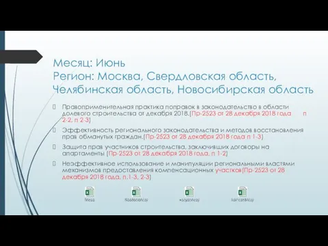 Месяц: Июнь Регион: Москва, Свердловская область, Челябинская область, Новосибирская область Правоприменительная практика