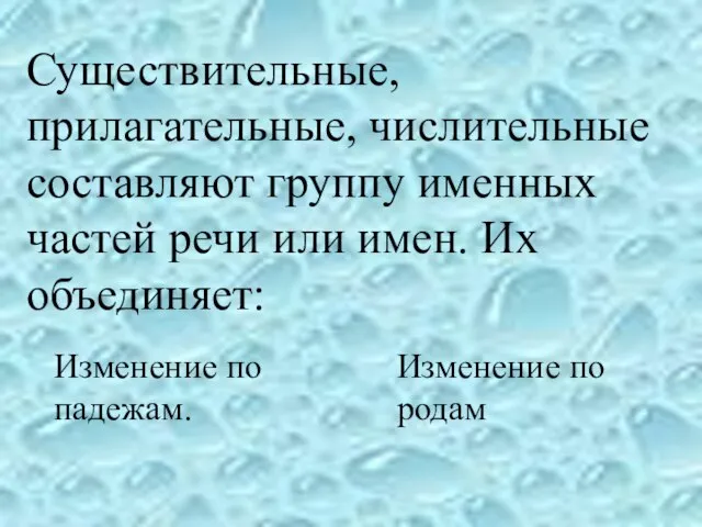 Изменение по падежам. Изменение по родам Существительные, прилагательные, числительные составляют группу именных