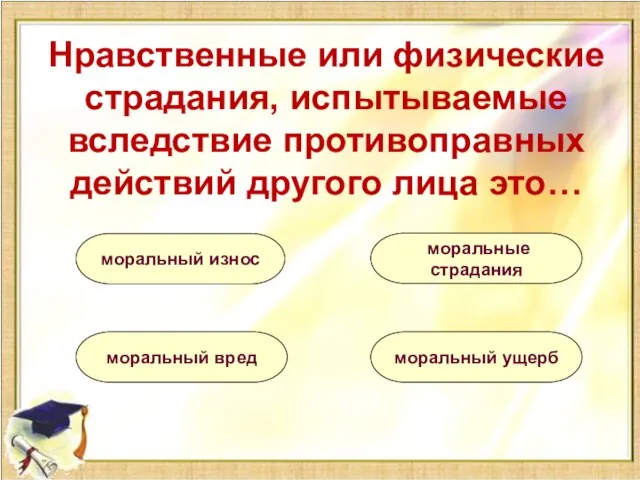 Нравственные или физические страдания, испытываемые вследствие противоправных действий другого лица это… моральные