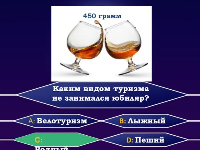 Каким видом туризма не занимался юбиляр? D: Пеший С: Водный B: Лыжный A: Велотуризм 450 грамм