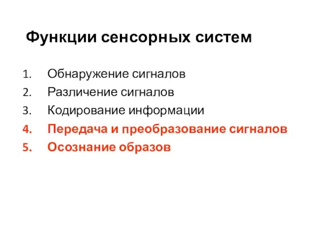 Функции сенсорных систем Обнаружение сигналов Различение сигналов Кодирование информации Передача и преобразование сигналов Осознание образов