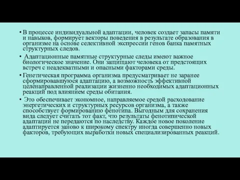 В процессе индивидуальной адаптации, человек создает запасы памяти и навыков, формирует векторы