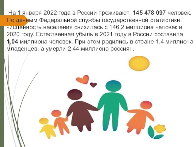На 1 января 2022 года в России проживают 145 478 097 человек.