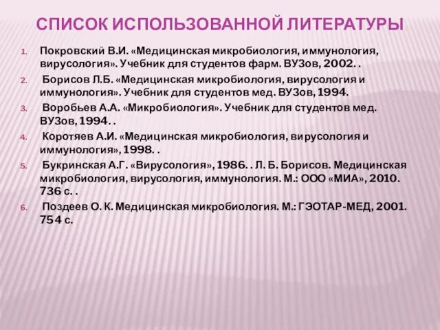 СПИСОК ИСПОЛЬЗОВАННОЙ ЛИТЕРАТУРЫ Покровский В.И. «Медицинская микробиология, иммунология, вирусология». Учебник для студентов