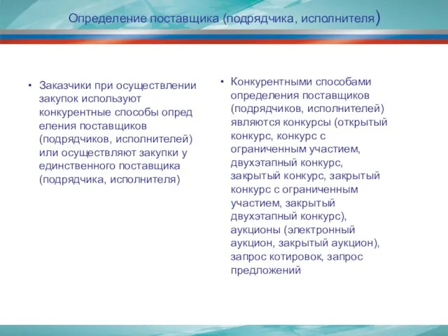 Определение поставщика (подрядчика, исполнителя) Заказчики при осуществлении закупок используют конкурентные способы определения