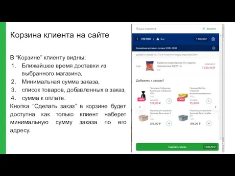 Корзина клиента на сайте В “Корзине” клиенту видны: Ближайшее время доставки из