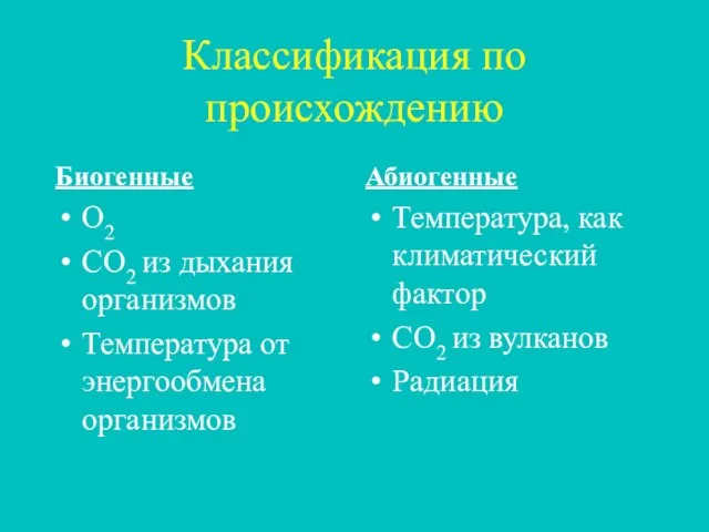 Классификация по происхождению Биогенные O2 CO2 из дыхания организмов Температура от энергообмена