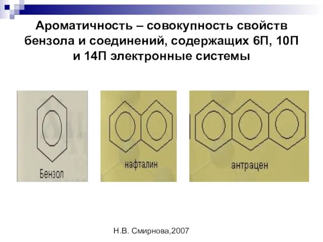 Н.В. Смирнова,2007 Ароматичность – совокупность свойств бензола и соединений, содержащих 6П, 10П и 14П электронные системы