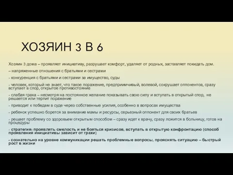 ХОЗЯИН 3 В 6 Хозяин 3 дома – проявляет инициативу, разрушает комфорт,