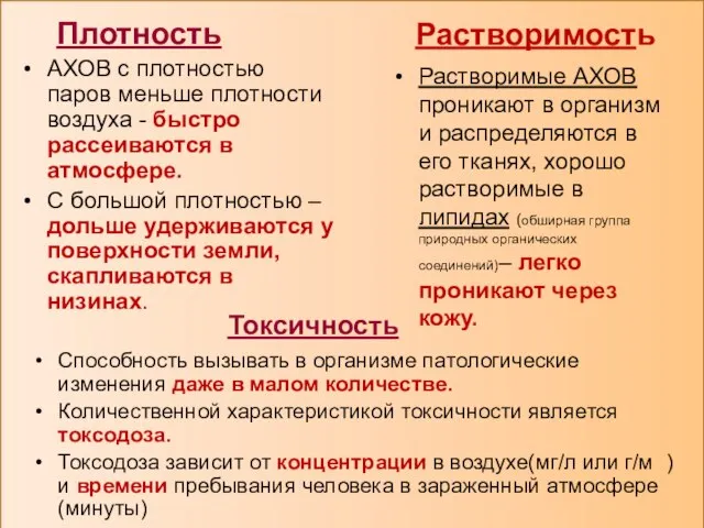 Плотность АХОВ с плотностью паров меньше плотности воздуха - быстро рассеиваются в