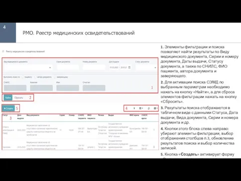 4 РМО. Реестр медицинских освидетельствований 1. Элементы фильтрации и поиска позволяют найти