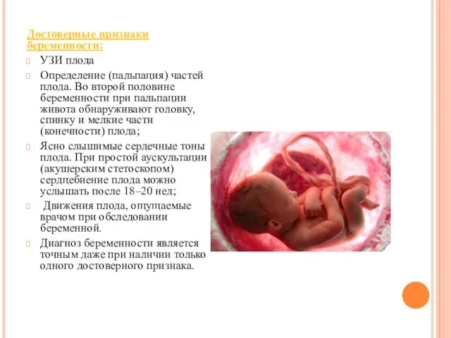 Достоверные признаки беременности: УЗИ плода Определение (пальпация) частей плода. Во второй половине