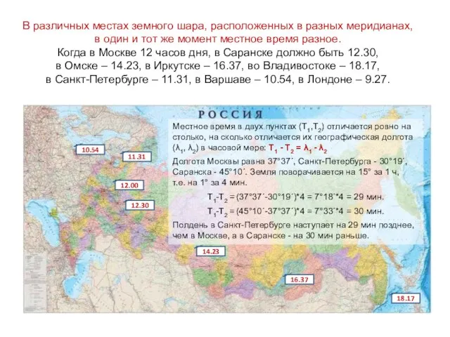 В различных местах земного шара, расположенных в разных меридианах, в один и