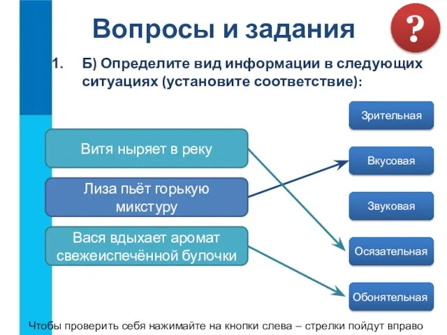 Б) Определите вид информации в следующих ситуациях (установите соответствие): Вопросы и задания