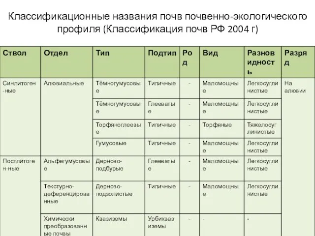 Классификационные названия почв почвенно-экологического профиля (Классификация почв РФ 2004 г)